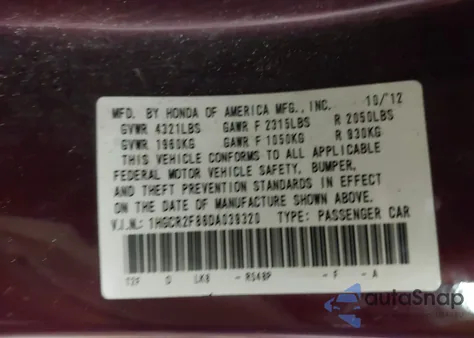 2013 Honda Accord Sdn Ex-L from USA, damaged, VIN 1HGCR2F86DA039320
